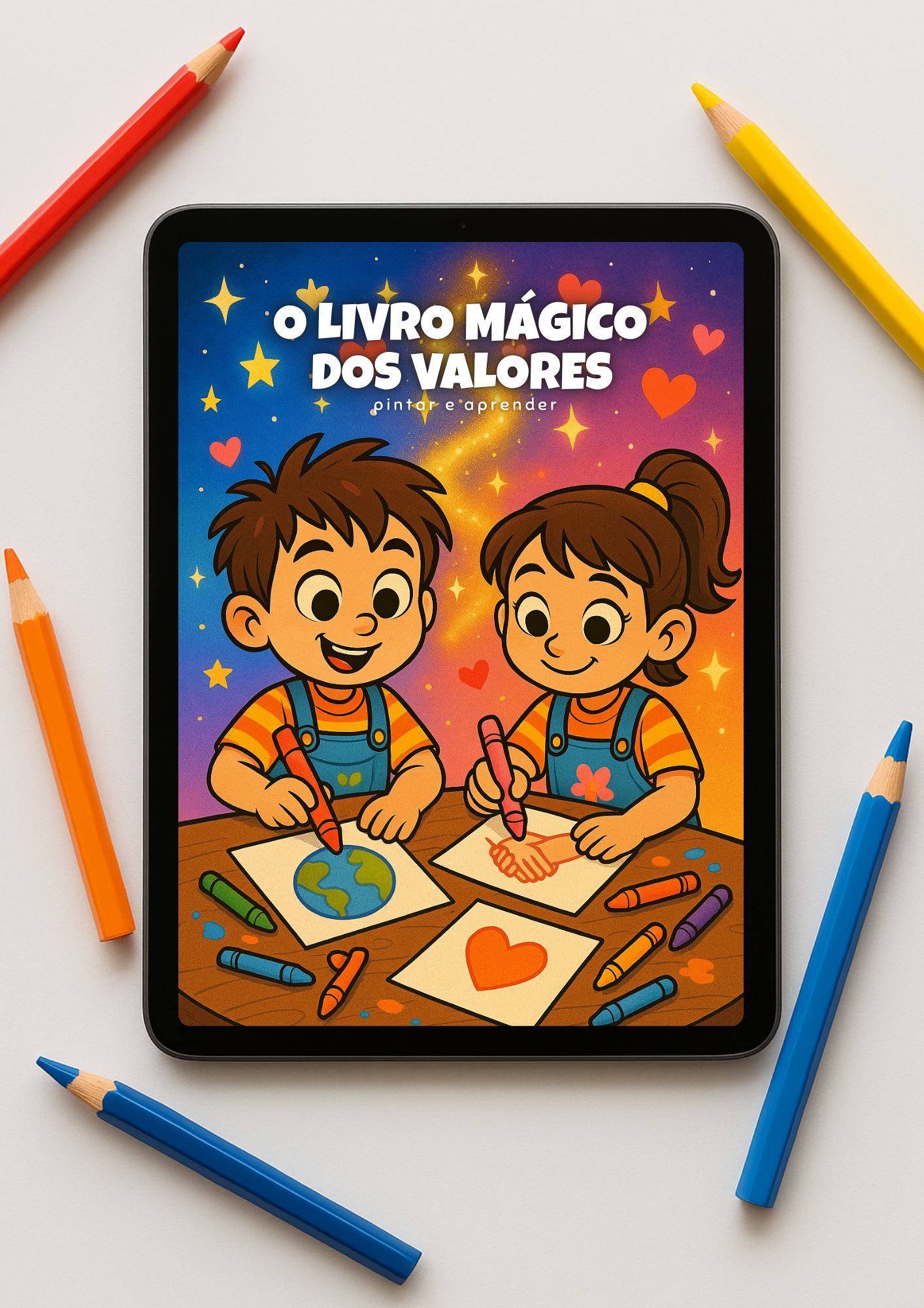 Mockup do Livro Mágico dos Valores - Tablet com capa do livro e lápis de cor