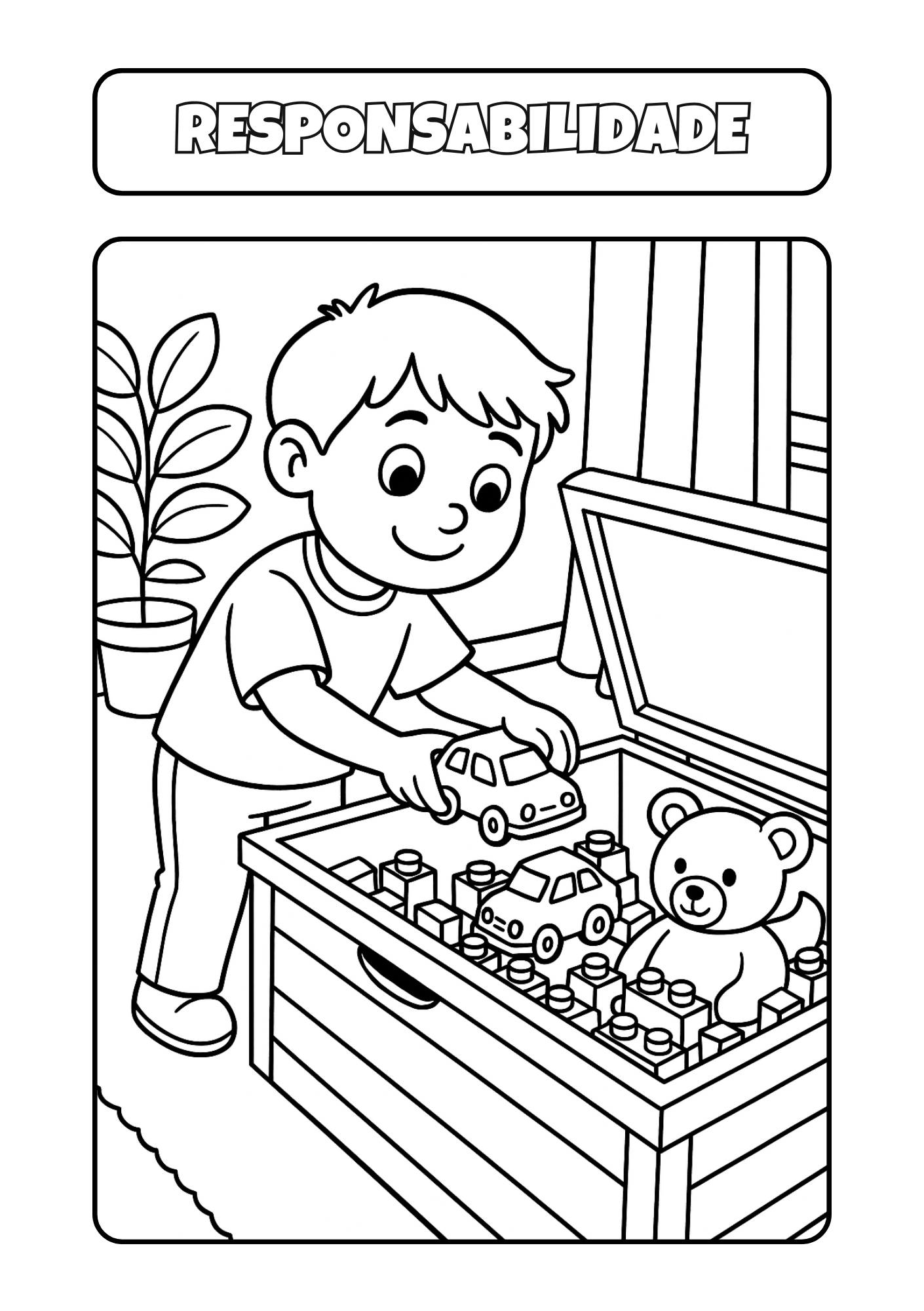 Página sobre Responsabilidade - Criança organizando brinquedos